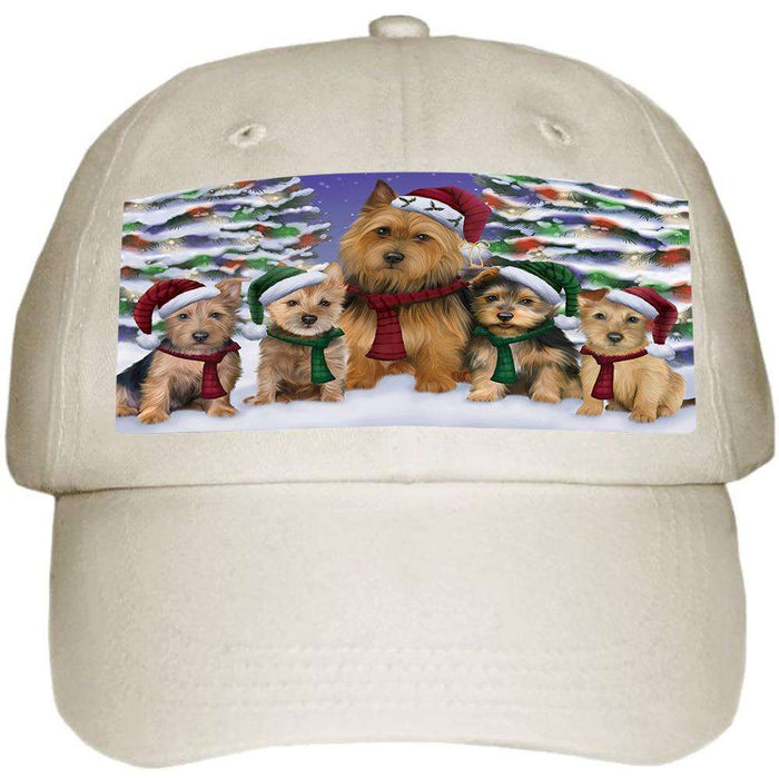 Australian Terriers Dog Christmas Family Portrait in Holiday Scenic Background Ball Hat Cap HAT61848