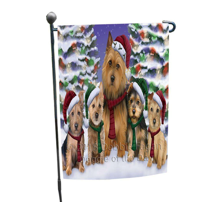 Australian Terriers Dog Christmas Family Portrait in Holiday Scenic Background Garden Flag GFLG52650