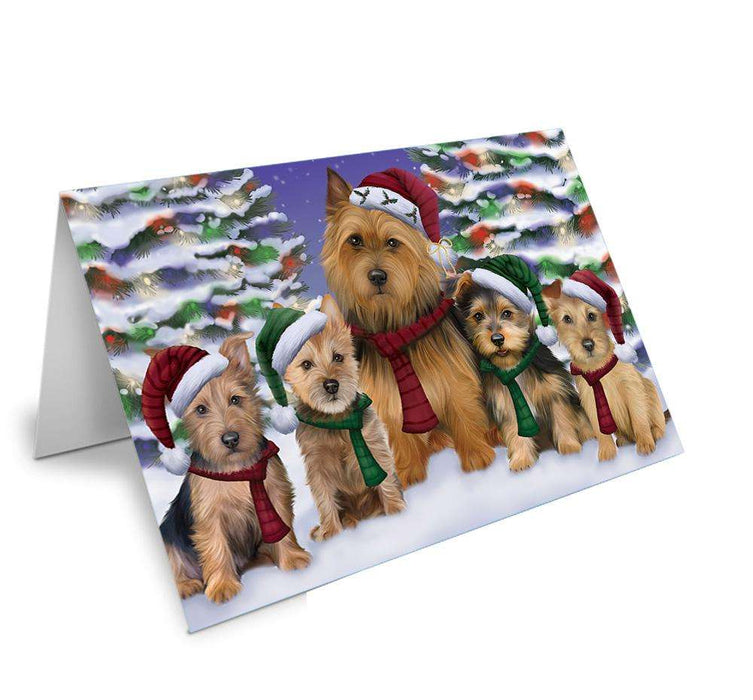 Australian Terriers Dog Christmas Family Portrait in Holiday Scenic Background Handmade Artwork Assorted Pets Greeting Cards and Note Cards with Envelopes for All Occasions and Holiday Seasons GCD62144