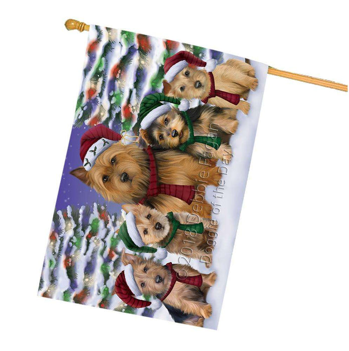 Australian Terriers Dog Christmas Family Portrait in Holiday Scenic Background House Flag FLG52786
