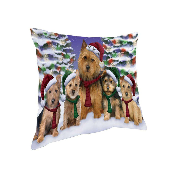 Australian Terriers Dog Christmas Family Portrait in Holiday Scenic Background Pillow PIL66976