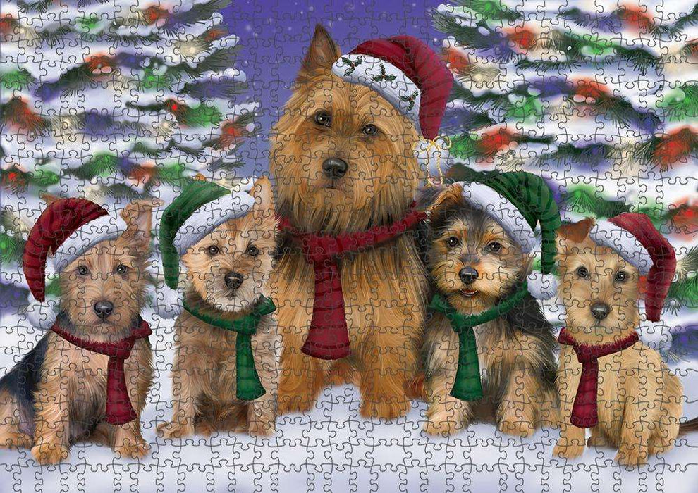 Australian Terriers Dog Christmas Family Portrait in Holiday Scenic Background Puzzle with Photo Tin PUZL62046