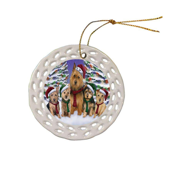 Australian Terriers Dog Christmas Family Portrait in Holiday Scenic Background  Ceramic Doily Ornament DPOR52705