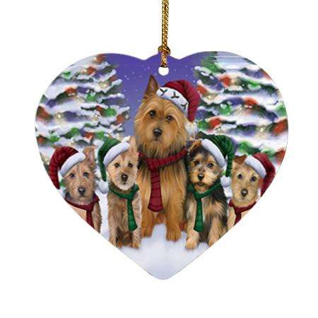 Australian Terriers Dog Christmas Family Portrait in Holiday Scenic Background  Heart Christmas Ornament HPOR52705
