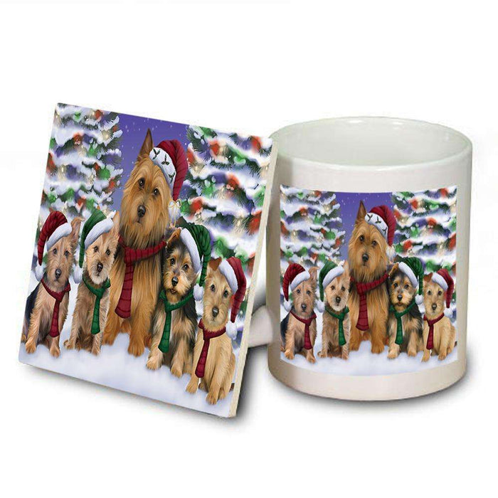 Australian Terriers Dog Christmas Family Portrait in Holiday Scenic Background  Mug and Coaster Set MUC52697