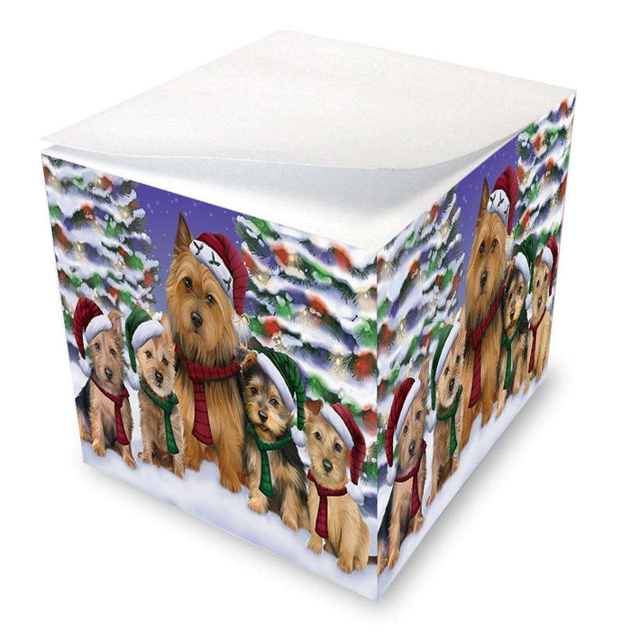 Australian Terriers Dog Christmas Family Portrait in Holiday Scenic Background  Note Cube NOC52705