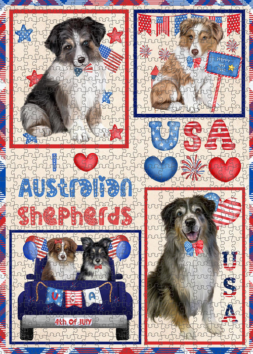 4th of July Independence Day I Love USA Australian Shepherd Dogs Portrait Jigsaw Puzzle for Adults Animal Interlocking Puzzle Game Unique Gift for Dog Lover's with Metal Tin Box