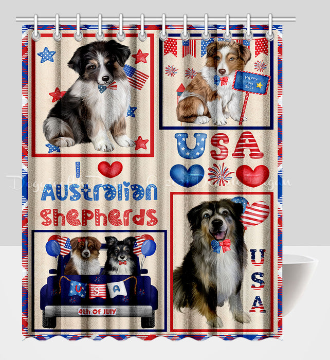 4th of July Independence Day I Love USA Australian Shepherd Dogs Shower Curtain Pet Painting Bathtub Curtain Waterproof Polyester One-Side Printing Decor Bath Tub Curtain for Bathroom with Hooks