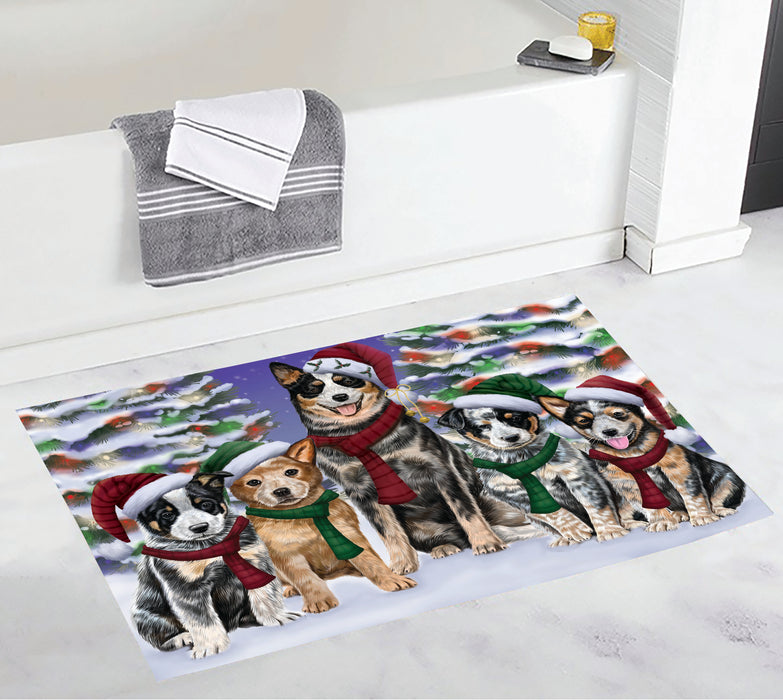Australian Cattle Dogs Christmas Family Portrait in Holiday Scenic Background Bath Mat