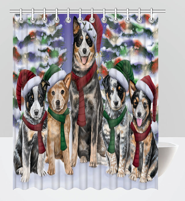 Australian Cattle Dogs Christmas Family Portrait in Holiday Scenic Background Shower Curtain