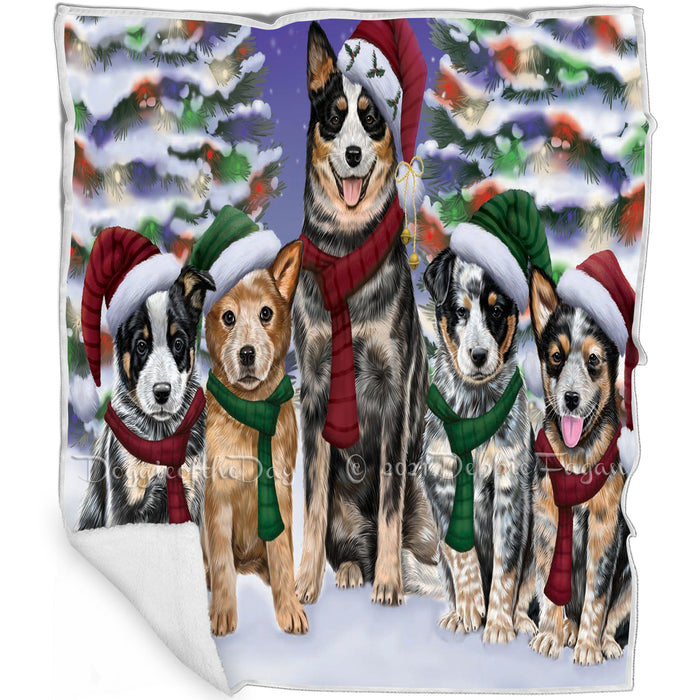 Australian Cattle Dog Christmas Family Portrait in Holiday Scenic Background Art Portrait Print Woven Throw Sherpa Plush Fleece Blanket