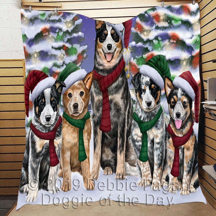 Australian Cattle Dogs Christmas Family Portrait in Holiday Scenic Background Quilt