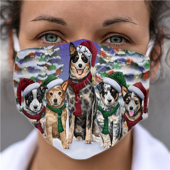 Australian Cattle Dogs Christmas Family Portrait in Holiday Scenic Background Face Mask FM48309