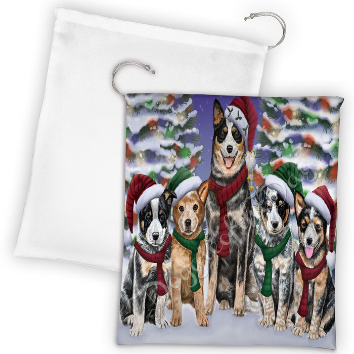 Australian Cattle Dogs Christmas Family Portrait in Holiday Scenic Background Drawstring Laundry or Gift Bag LGB48107