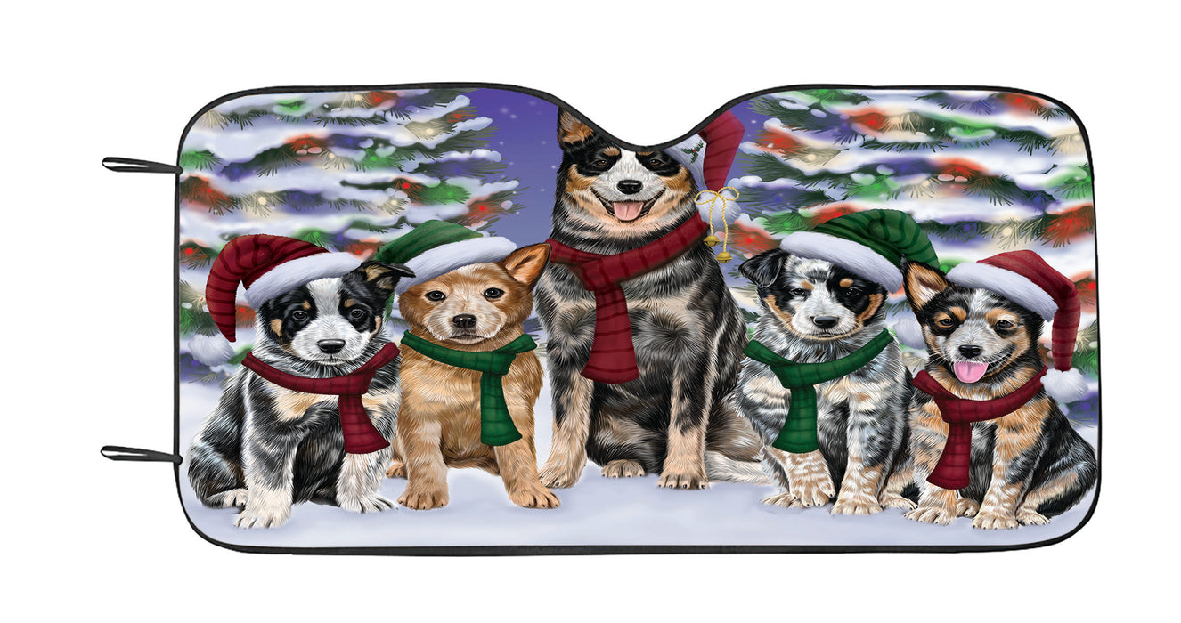 Australian Cattle Dogs Christmas Family Portrait in Holiday Scenic Background Car Sun Shade