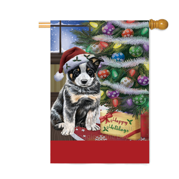 Personalized Christmas Happy Holidays Australian Cattle Dog with Tree and Presents Custom House Flag FLG-DOTD-A58642
