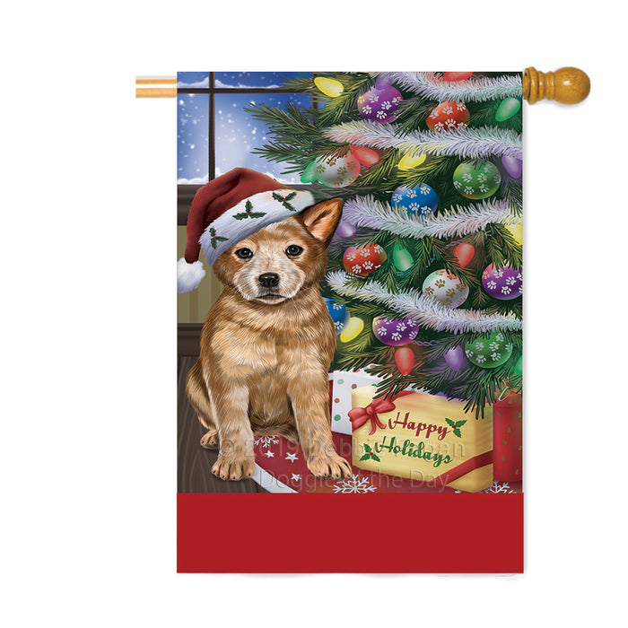 Personalized Christmas Happy Holidays Australian Cattle Dog with Tree and Presents Custom House Flag FLG-DOTD-A58641