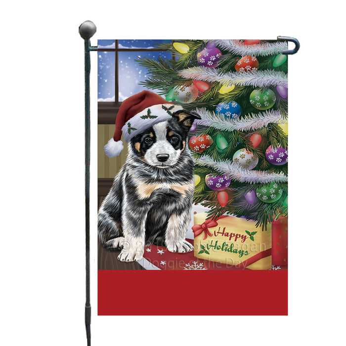 Personalized Christmas Happy Holidays Australian Cattle Dog with Tree and Presents Custom Garden Flags GFLG-DOTD-A58586