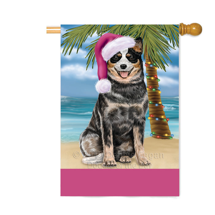 Personalized Summertime Happy Holidays Christmas Australian Cattle Dog on Tropical Island Beach Custom House Flag FLG-DOTD-A60438