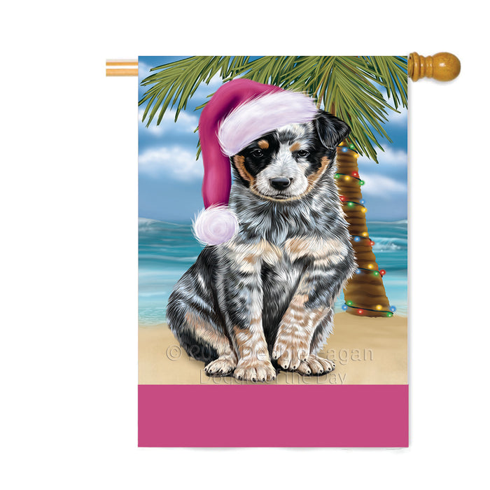Personalized Summertime Happy Holidays Christmas Australian Cattle Dog on Tropical Island Beach Custom House Flag FLG-DOTD-A60439
