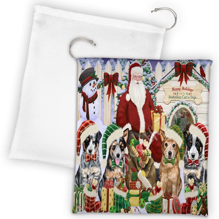 Happy Holidays Christmas Australian Cattle Dogs House Gathering Drawstring Laundry or Gift Bag LGB48010