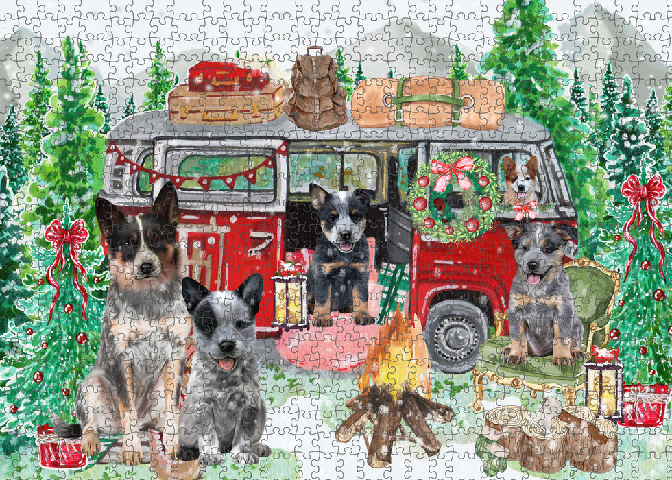 Christmas Time Camping with Australian Cattle Dog Portrait Jigsaw Puzzle for Adults Animal Interlocking Puzzle Game Unique Gift for Dog Lover's with Metal Tin Box