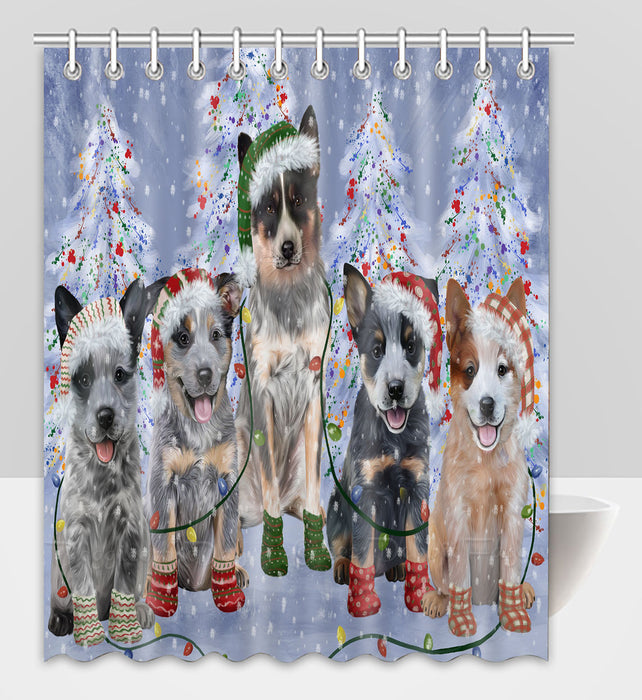 Christmas Lights and Australian Cattle Dog Shower Curtain Pet Painting Bathtub Curtain Waterproof Polyester One-Side Printing Decor Bath Tub Curtain for Bathroom with Hooks