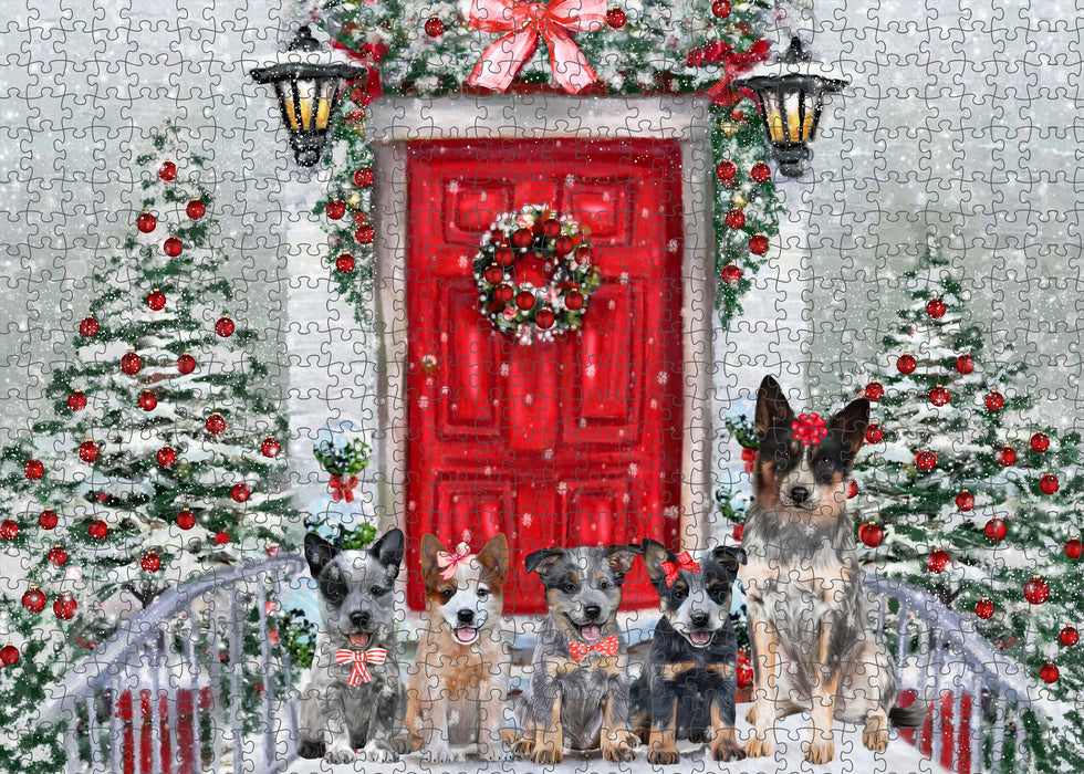 Christmas Holiday Welcome Australian Cattle Dog Portrait Jigsaw Puzzle for Adults Animal Interlocking Puzzle Game Unique Gift for Dog Lover's with Metal Tin Box