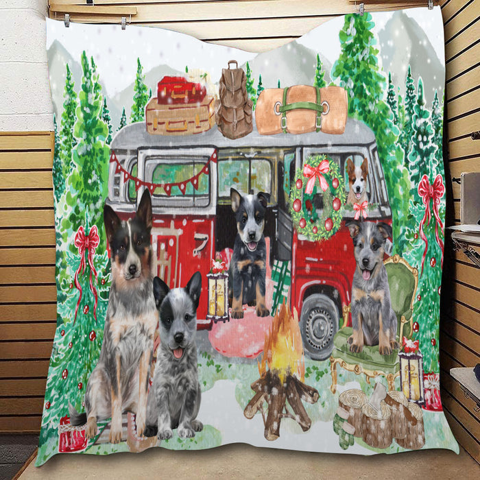 Christmas Time Camping with Australian Cattle Dog  Quilt Bed Coverlet Bedspread - Pets Comforter Unique One-side Animal Printing - Soft Lightweight Durable Washable Polyester Quilt