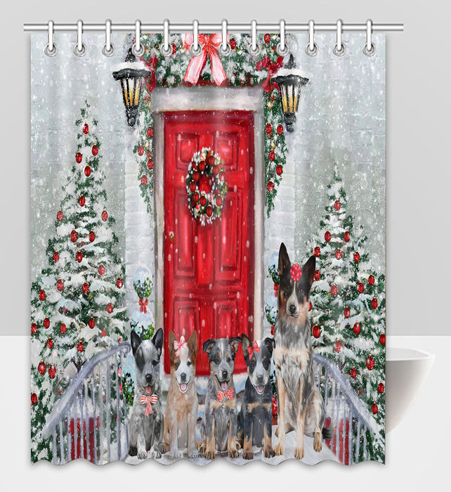 Christmas Holiday Welcome Australian Cattle Dog Shower Curtain Pet Painting Bathtub Curtain Waterproof Polyester One-Side Printing Decor Bath Tub Curtain for Bathroom with Hooks