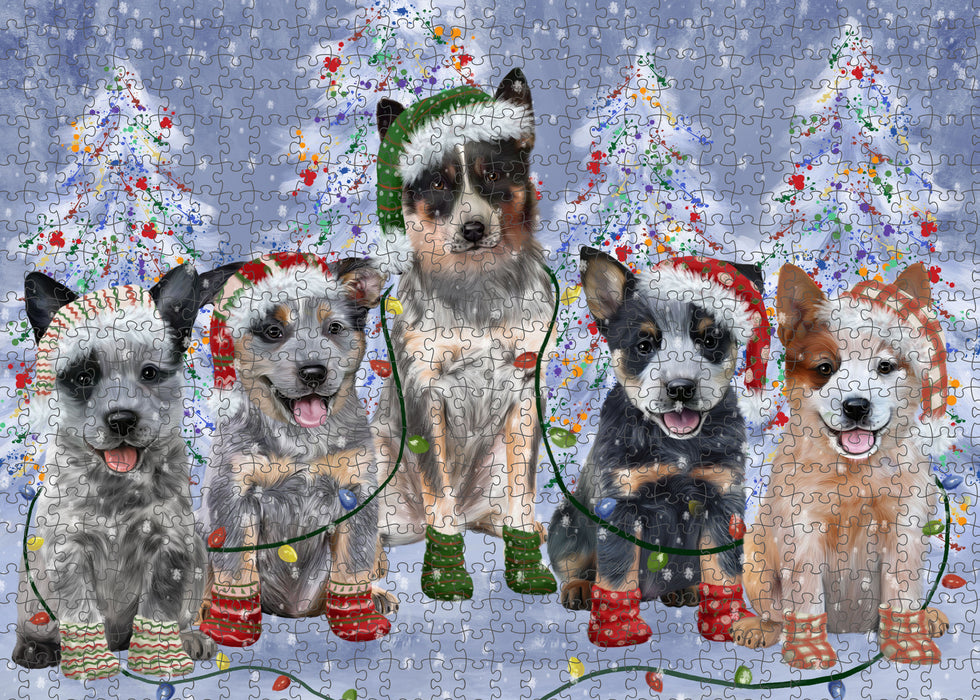 Christmas Lights and Australian Cattle Dog Portrait Jigsaw Puzzle for Adults Animal Interlocking Puzzle Game Unique Gift for Dog Lover's with Metal Tin Box