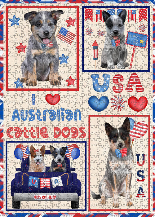 4th of July Independence Day I Love USA Australian Cattle Dogs Portrait Jigsaw Puzzle for Adults Animal Interlocking Puzzle Game Unique Gift for Dog Lover's with Metal Tin Box