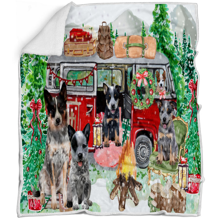 Christmas Time Camping with Australian Cattle Dog Blanket - Lightweight Soft Cozy and Durable Bed Blanket - Animal Theme Fuzzy Blanket for Sofa Couch