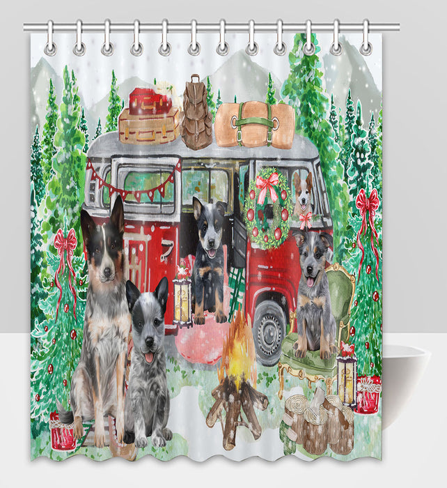 Christmas Time Camping with Australian Cattle Dog Shower Curtain Pet Painting Bathtub Curtain Waterproof Polyester One-Side Printing Decor Bath Tub Curtain for Bathroom with Hooks