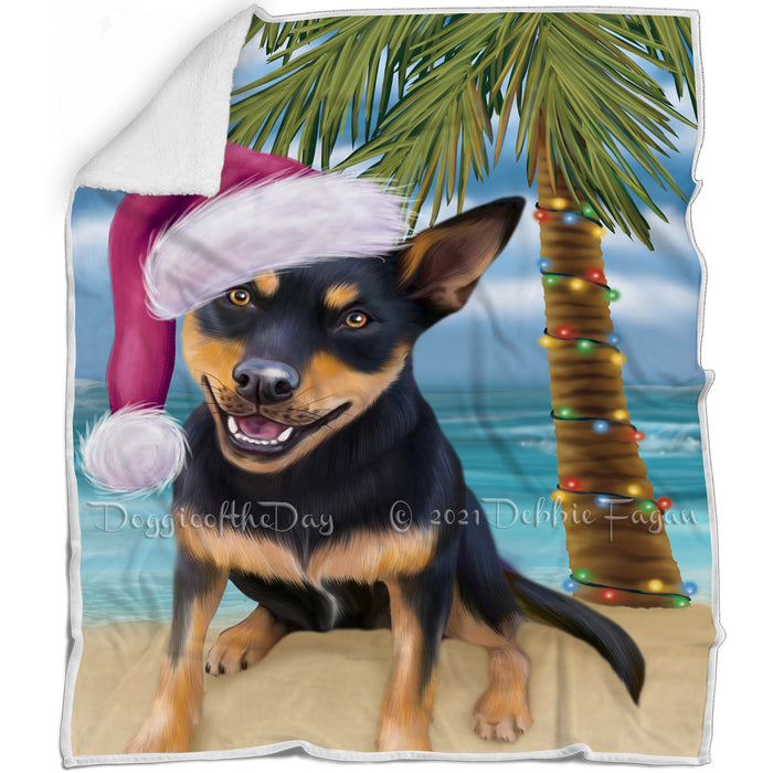 Summertime Happy Holidays Christmas Australian Kelpie Black And Tan Dog on Tropical Island Beach Blanket D109