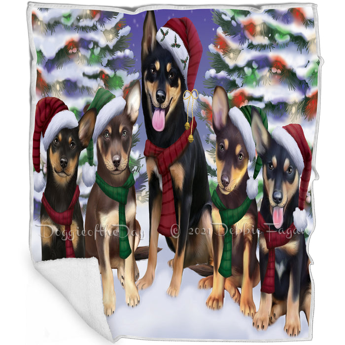 Australian Kelpies Dog Christmas Family Portrait in Holiday Scenic Background Art Portrait Print Woven Throw Sherpa Plush Fleece Blanket
