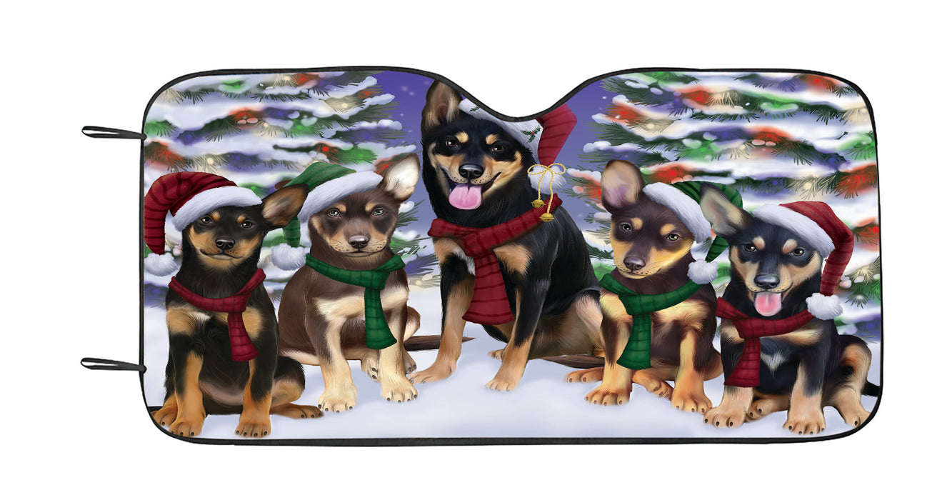 Australian Kelpies Dogs Christmas Family Portrait in Holiday Scenic Background Car Sun Shade