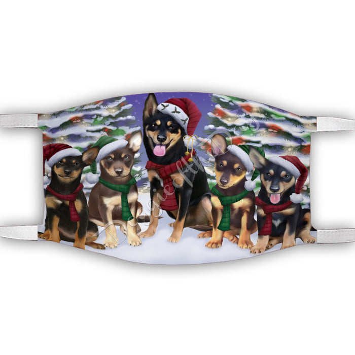 Australian Kelpie Dogs Christmas Family Portrait in Holiday Scenic Background Face Mask FM48310