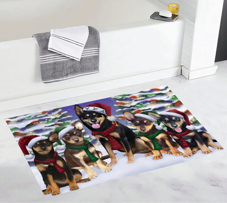 Australian Kelpies Dogs Christmas Family Portrait in Holiday Scenic Background Bath Mat