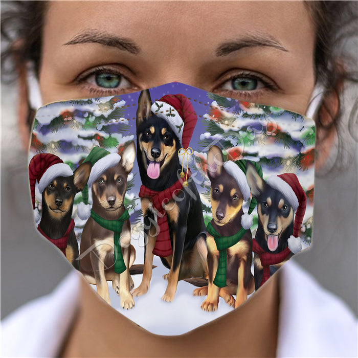 Australian Kelpie Dogs Christmas Family Portrait in Holiday Scenic Background Face Mask FM48310