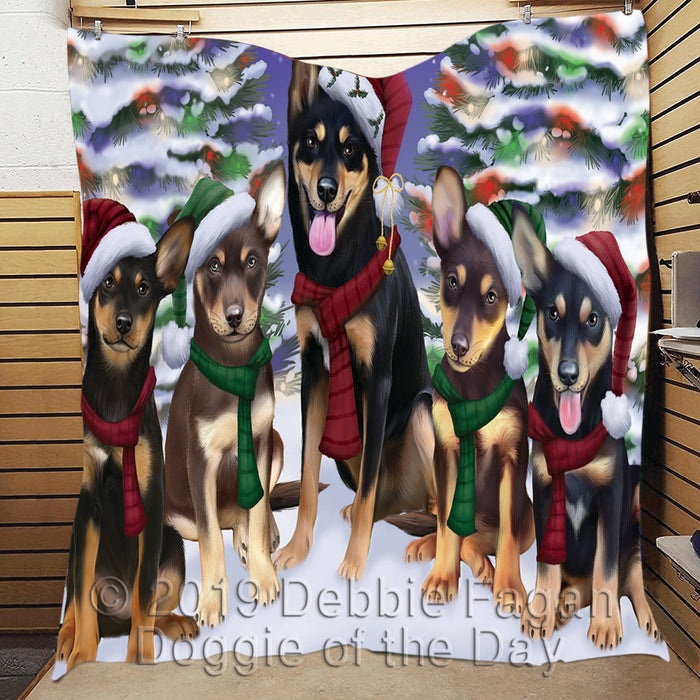 Australian Kelpies Dogs Christmas Family Portrait in Holiday Scenic Background Quilt