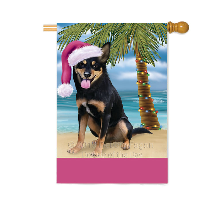 Personalized Summertime Happy Holidays Christmas Australian Kelpie Dog on Tropical Island Beach Custom House Flag FLG-DOTD-A60441
