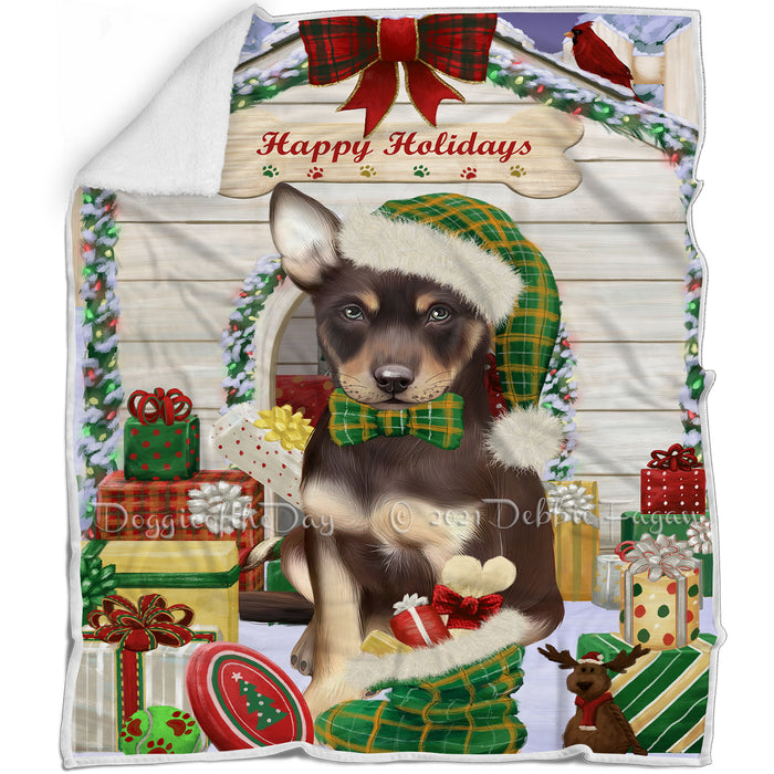 Happy Holidays Christmas Australian Kelpie Dog House with Presents Blanket BLNKT77925