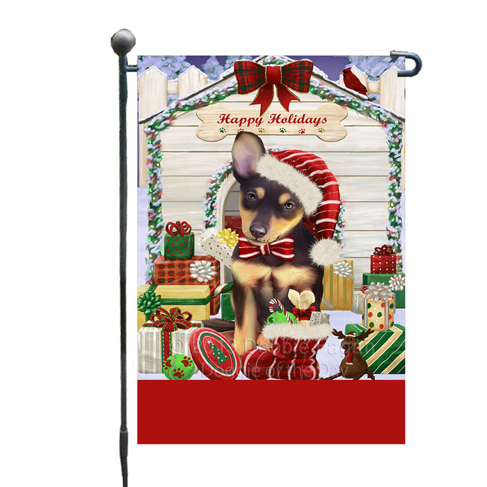 Personalized Happy Holidays Christmas Australian Kelpie Dog House with Presents Custom Garden Flags GFLG-DOTD-A59266