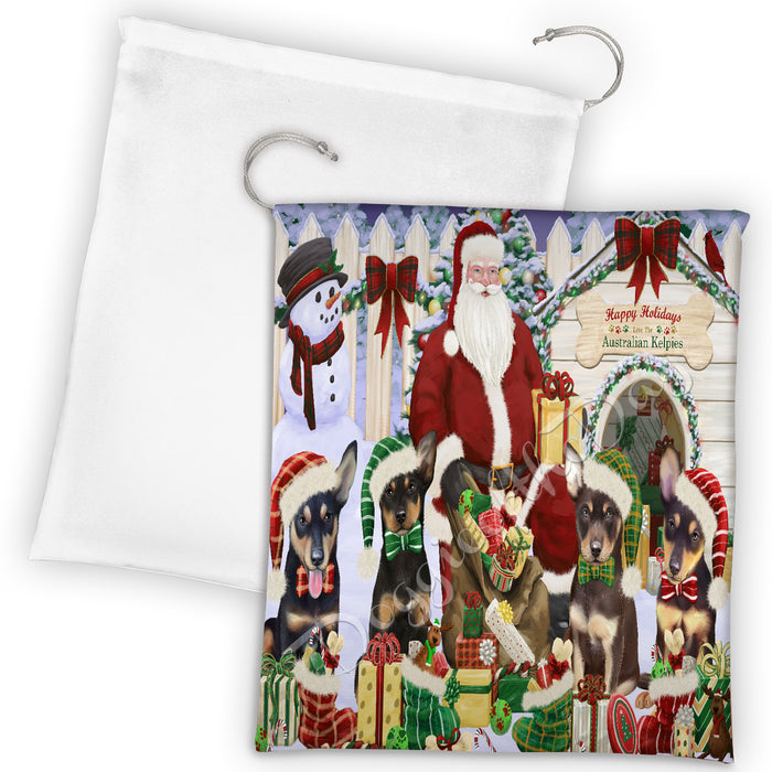 Happy Holidays Christmas Australian Kelpie Dogs House Gathering Drawstring Laundry or Gift Bag LGB48011