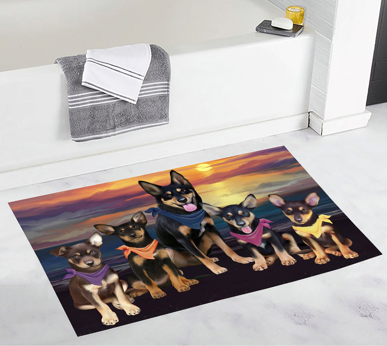 Family Sunset Portrait Australian Kelpies Dogs Bath Mat