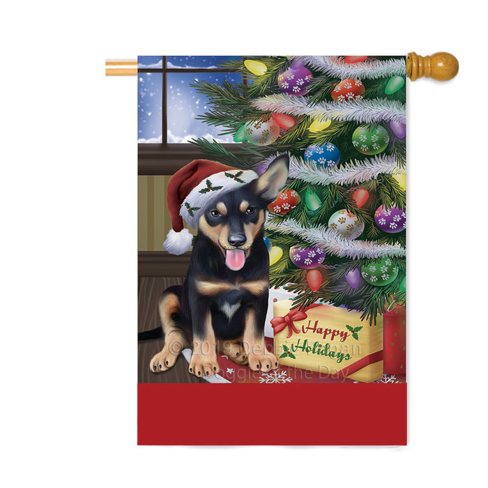 Personalized Christmas Happy Holidays Australian Kelpie Dog with Tree and Presents Custom House Flag FLG-DOTD-A58643