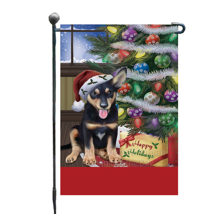 Personalized Christmas Happy Holidays Australian Kelpie Dog with Tree and Presents Custom Garden Flags GFLG-DOTD-A58587