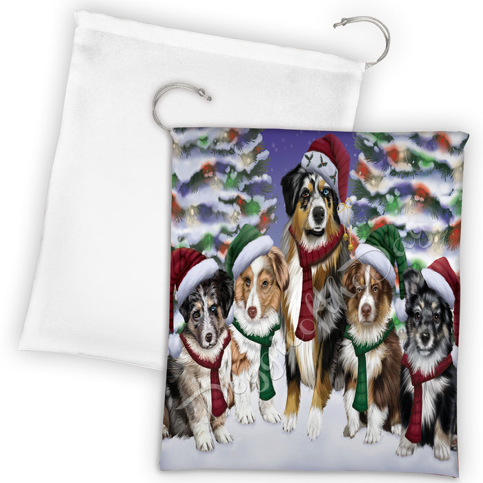 Australian Shepherd Dogs Christmas Family Portrait in Holiday Scenic Background Drawstring Laundry or Gift Bag LGB48109