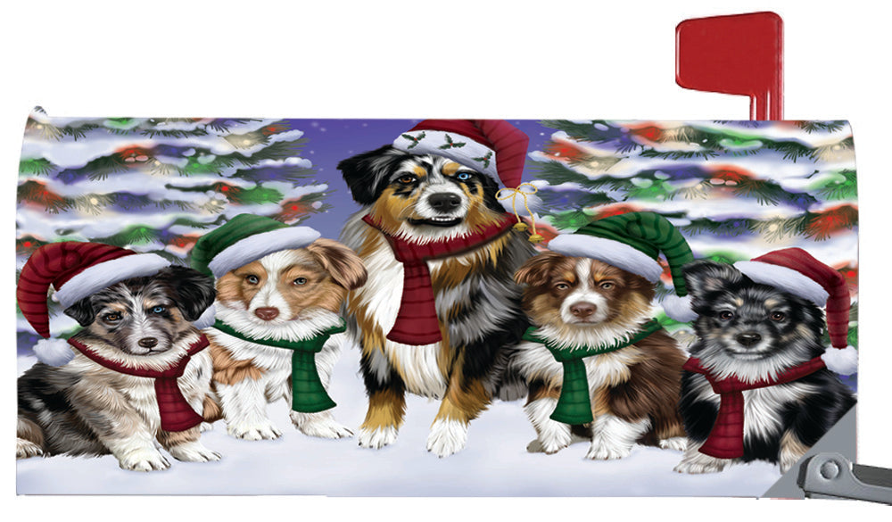 Magnetic Mailbox Cover Australian Shepherd Dog Christmas Family Portrait in Holiday Scenic Background MBC48192